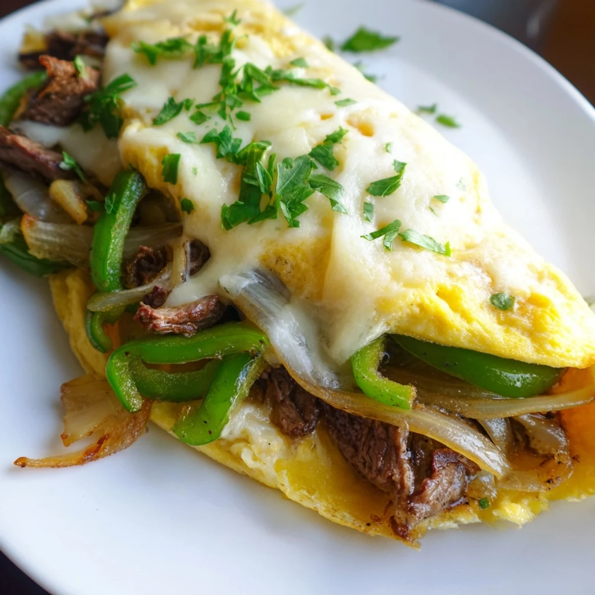 Delicious Philly cheesesteak omelette showcasing a warm, cheesy steak and pepper filling.