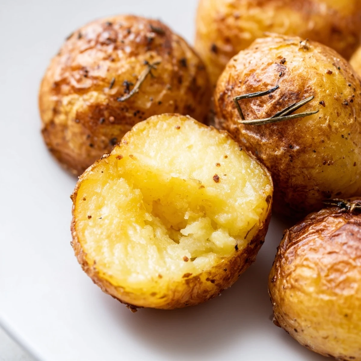 Golden roasted potatoes with crispy edges and fluffy centers on a white plate  
