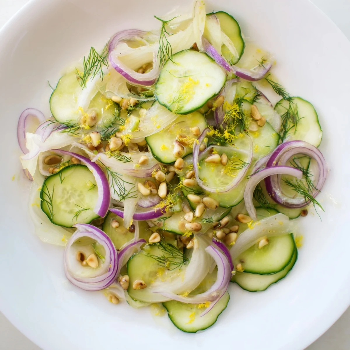 Vibrant crisp fennel cucumber salad topped with zesty citrus dressing and fresh dill  