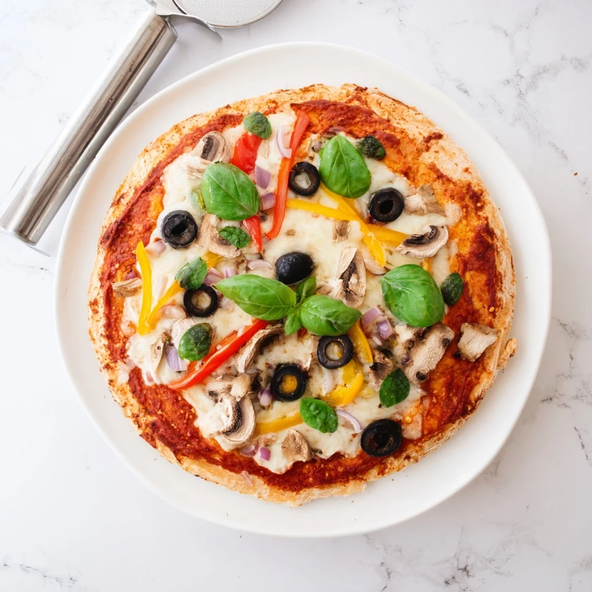 Golden homemade pizza with bubbling cheese and fresh basil on crispy crust.  
