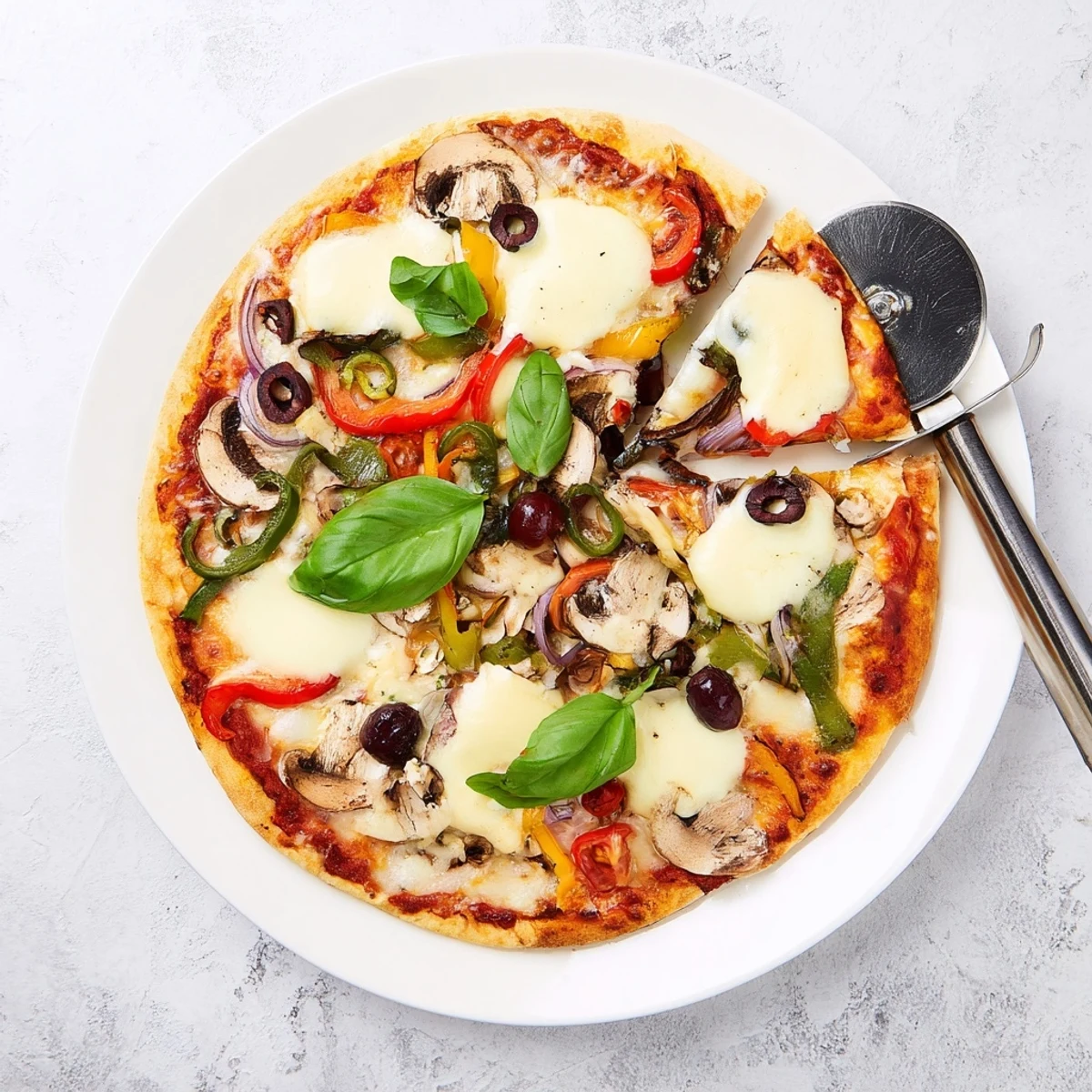 Delicious pizza ready to slice, featuring a golden crust and savory toppings.