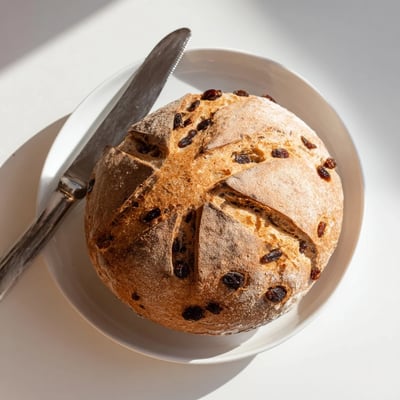 Freshly baked Cinnamon Raisin Artisan Bread on a wooden board, perfect with butter for a cozy breakfast.