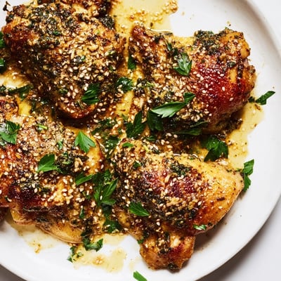 Savory Zaatar Tahini Chicken Thighs resting on a bed of fluffy rice and fresh cucumber-tomato salad garnish.
