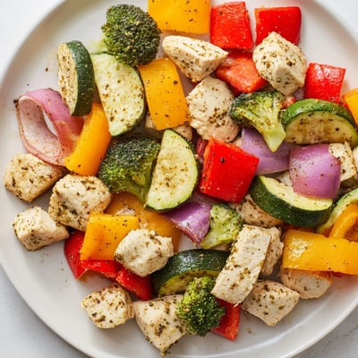 The finished 10-Minute Air Fryer Chicken and Veggies dish is served warm in a white bowl, highlighting the tender meat and vibrant vegetables.