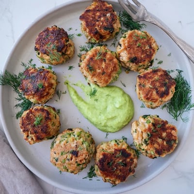 Savory salmon balls with creamy avocado sauce served on a platter, perfect for a light appetizer or main dish.
