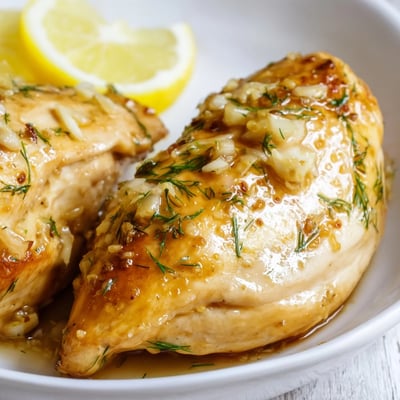A close-up view of tender, juicy paleo lemon dill chicken fresh from the oven on a white plate.