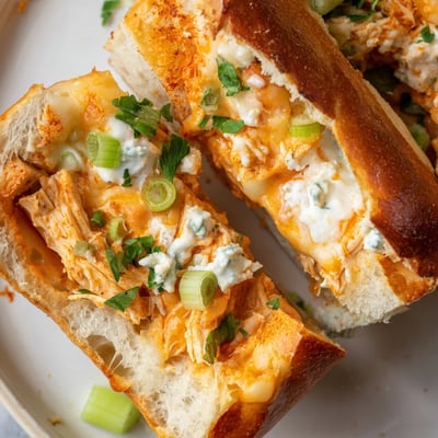 Freshly baked Cheesy Buffalo Chicken Stuffed French Bread with melted cheese bubbling on top and a side of ranch dressing for dipping.  