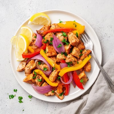 Sizzling Cajun Chicken Bell Peppers Spicy Delight served on a white plate, garnished with fresh parsley and lemon wedges for a bright, zesty finish.