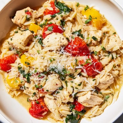 A close-up of High Protein Chicken Orzo reveals bright cherry tomatoes and melted Parmesan on top.