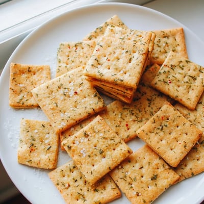 Warm dill pickle saltines fresh from the oven with flecks of green dill visible