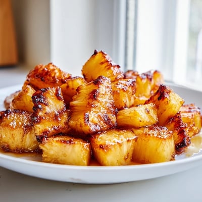 Cinnamon-dusted air fryer pineapple chunks glistening with caramelized sugar on a plate