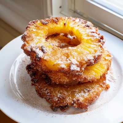 Fried pineapple rings dripping with caramelized batter served warm alongside vanilla ice cream