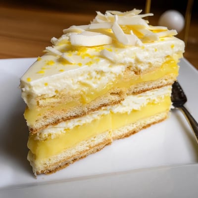 Creamy no-bake lemon tiramisu topped with white chocolate curls on a plate