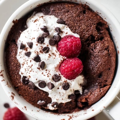 Gooey gluten free chocolate mug cake fresh from the microwave in a ceramic mug