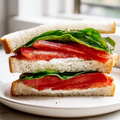 Classic tomato sandwich layered with basil and seasoned sliced tomatoes