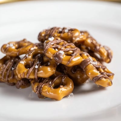 Crunchy butter toffee pretzels coated in caramelized sugar and drizzled with melted chocolate