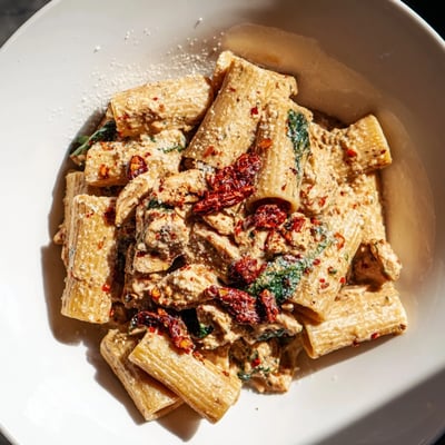 Golden chicken pasta with sun-dried tomatoes in a rich, creamy one pan sauce.