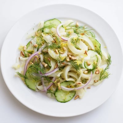 Thinly sliced fennel and cucumber tossed in a tangy lemon dressing for a refreshing crunch  
